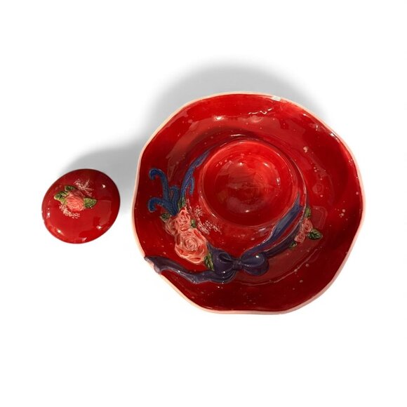 Ladies In Red Ceramic Hat Chip & Dip Set With Floral Design For Entertaining Or - Picture 3 of 5